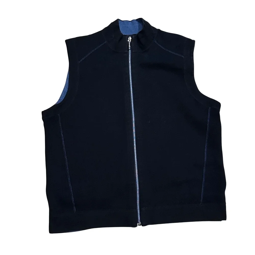 Tommy Bahama Mens Reversible Vest Full Zip Black Blue XL Cotton Mock Neck Casual